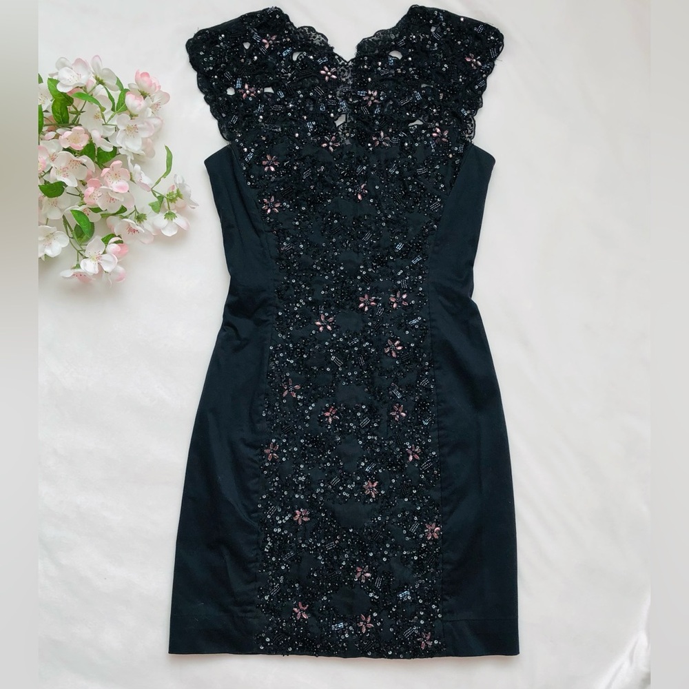 French Connection Black Rhinestones & Beads Embellished Mini Dress, Size 4